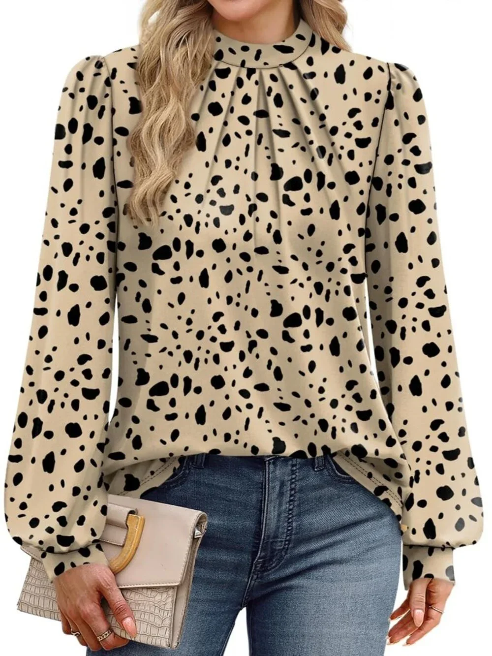 Women's Taupe Black Long Sleeve Shirt Pleated Front Blouses Dressy Mock Neck Top